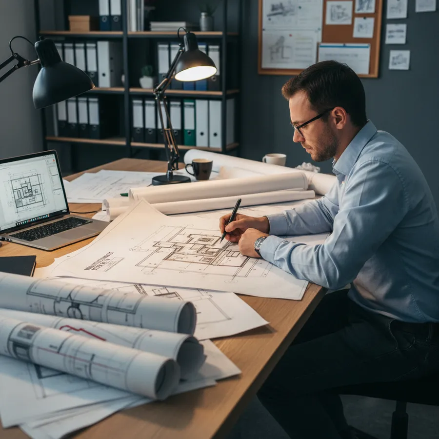 Reviewing existing drawings and asset records at a desk