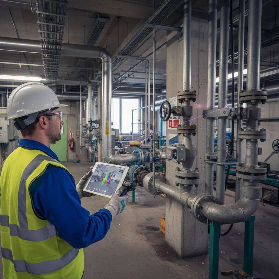 Engineer validating plant room assets with a tablet